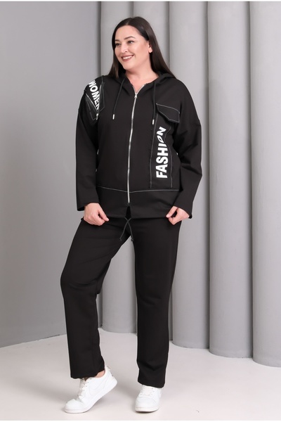 Şans Women's Plus Size Black, Print Detailed Hooded Tracksuit Set