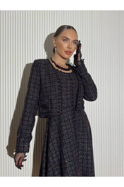 Siseniorita Sleeveless Midi Dress and Short Tweed Textured Jacket Set - Elegant Cloche Cut