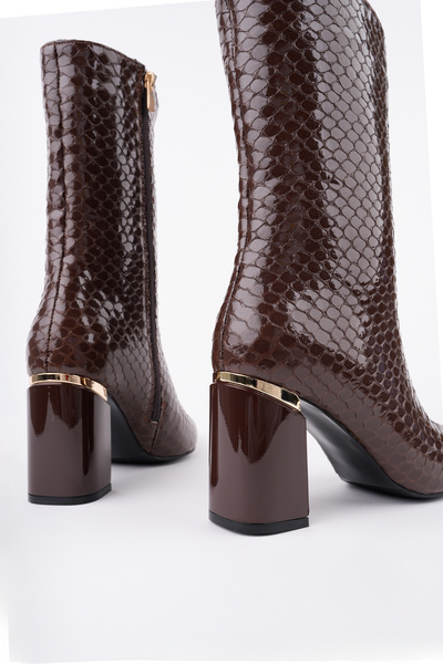Women Lay-z Women's Brown Snake Pattern Patent Leather Heeled Boots 8.5 cm Thick Heel Stylish and Modern Design