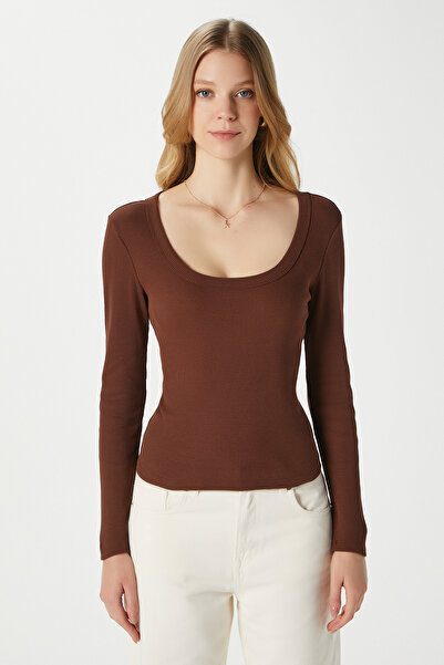 Ritnice Women's Anita Tok Textured Cotton Ribbed Brown Basic Blouse