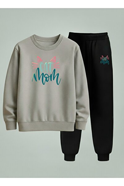 LORVEX Girl's Crew Neck Sweatshirt and Sweatpants Set Cat Mom Child Ba Printe...
