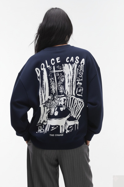 The Champ Clothing Φούτερ Unisex Navy Blue Crew Neck Dolce Casa με τύπωμα 3 Thread Ş επένδυση fleece Oversize
