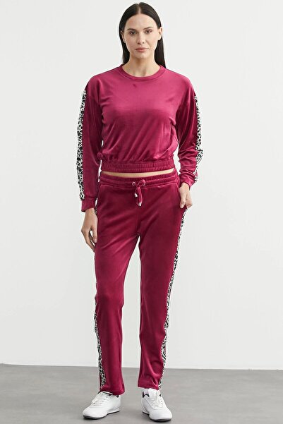 Sementa 76523 Velvet Leopard Detailed Skinny Leg Elastic Crop Tracksuit Set
