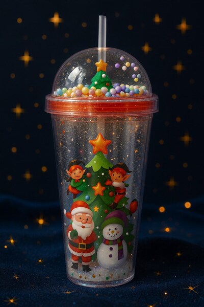 HediyeFilesi Santa Claus & New Year Themed Straw Water Bottle 450 ml Double Layer Mica Water Bottle 2768