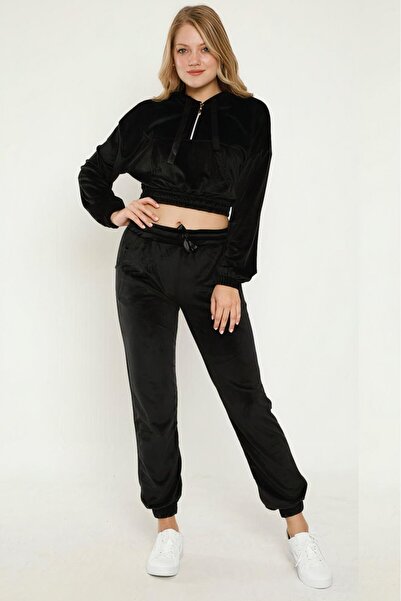embody Trening de damă, velur premium, set din 2 piese, buzunare laterale și glugă, negru
