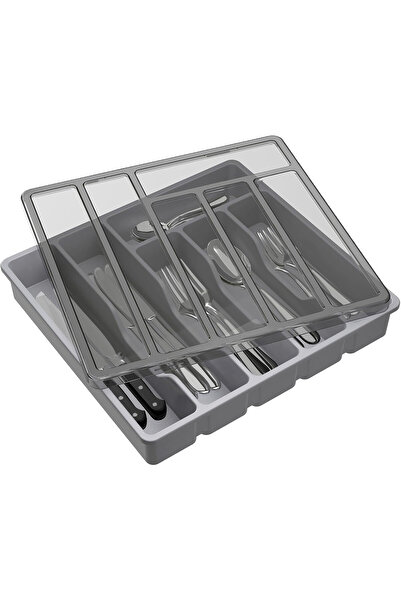 OEM Lifewit Cutlery Organizer, 32 x 30 x 5.4 cm, 6 Compartments, Lid, Plastic, Gray