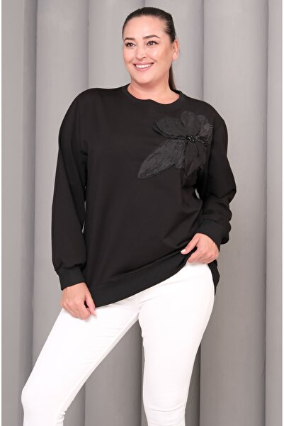 Şans Women's Plus Size Black, Beaded and Floral Detailed Sweatshirt 65N39230