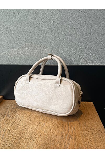 Lunova Krem Kadın Bowling Süet El Ve Omuz Çantası