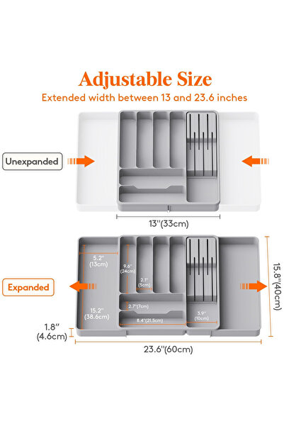 OEM Organizer Cutlery Lifewit, 33-60x40x4.6 cm, Extendable, 9 Compartments, Durable Plastic, Gray