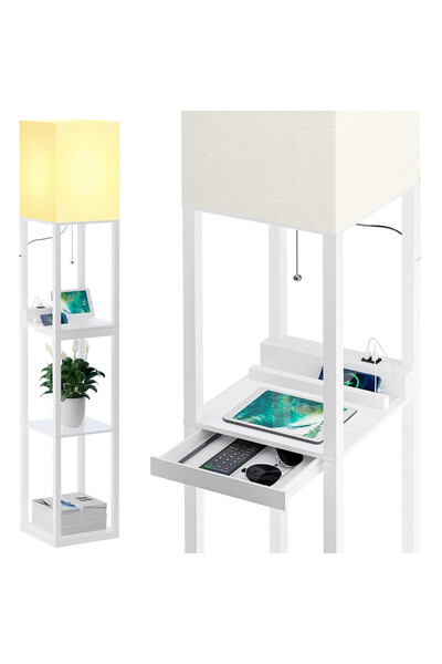 OEM SUNMORY floor lamp, wood and fabric, 160x26 cm, with shelves, 2 USB ports, 3 colors, white