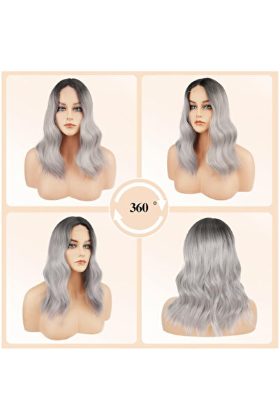 OEM FESHFEN wavy wig, short synthetic hair, 40 cm, black bangs, platinum gray color