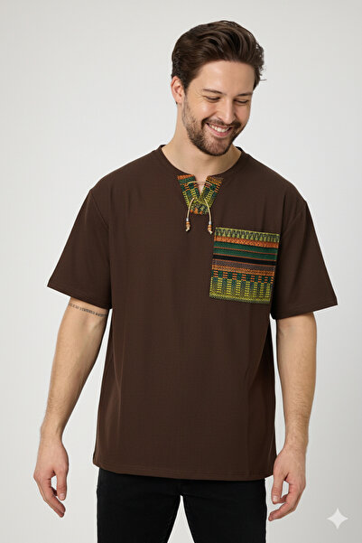 rammers Half V Neck Lace-Up Short Sleeve Bohemian T-Shirt Ethnic Pattern