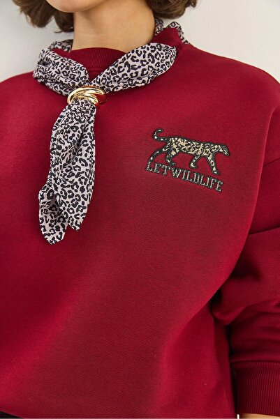 HARMONY GLOBAL Women's Leopard Embroidery Detailed Collar with Scarf Burgundy Three Thread Sh Fleece-Lined Sweatshirt – Soft Textured 2020