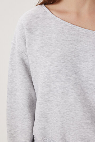 Lovelyİstanbul Πλεκτό φούτερ με ανοιχτό ώμο επένδυση fleece LAN0076 ΓΚΡΙ ΜΕΛΑΝΙ