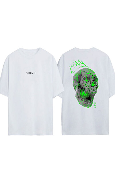 urbvn Tricou supradimensionat alb cu imprimeu Green Skulls Design
