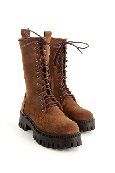 LUNA SHOES Genuine Leather Brown Suede Long Lace-Up Women's Boots – Trendy Th...