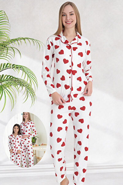 Zekalya Mother Daughter Matching Outfit (Sold Separately) White with Red Heart Pattern Suede Pajama Set
