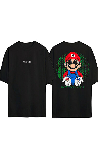 urbvn تي شيرت ماريو تشويس ديزاين مطبوع أسود قصة فضفاضة
