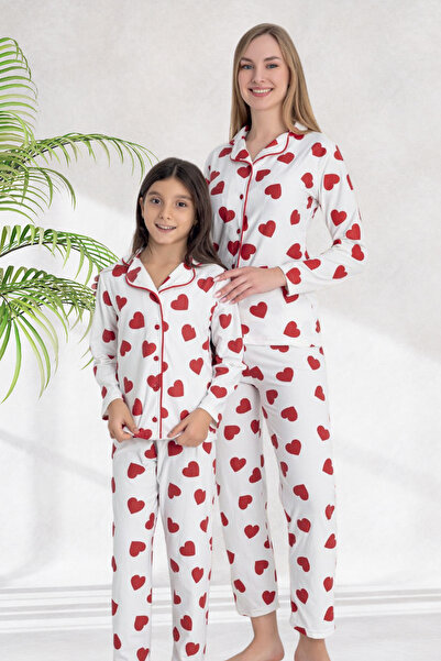 Zekalya Mother Daughter Matching Outfit (Sold Separately) White with Red Heart Pattern Suede Pajama Set