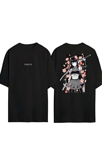 urbvn تي شيرت ساموراي جيرل 2 تصميم مطبوع أسود قصة فضفاضة