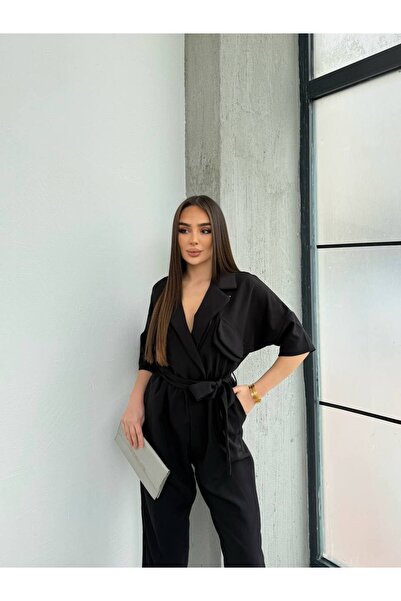 OLSAMODA Women's Shirt with Pocket Detail and Belted Shirt Collar Tulle Jumpsuit