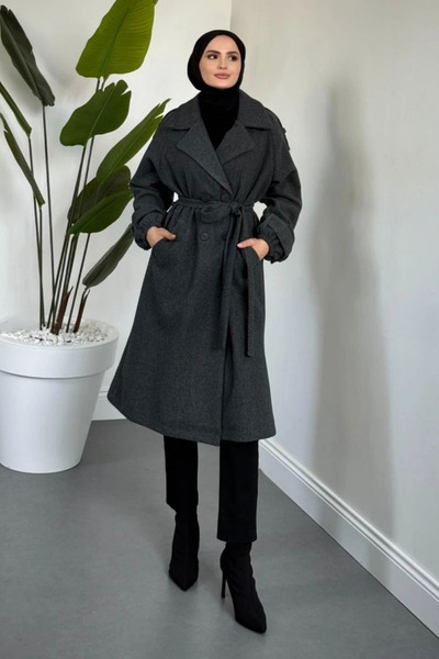 Tesettür Diyarı Palton hijab din cașmir cu mâneci încrețite și căptușeală Gla...
