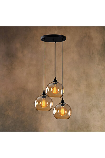 KUZENLER Siyah Metal Kasa 3’lü Sarkıt Bal Cam Modern Avize