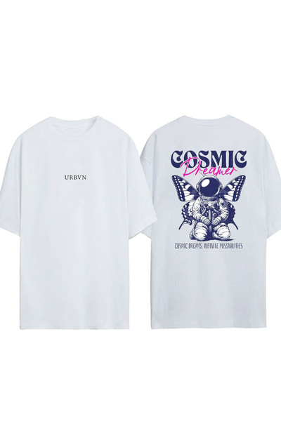 urbvn تي شيرت كوزميك ديزاين مطبوع أبيض قصة فضفاضة