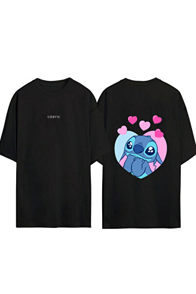 urbvn تي شيرت مور لوف ديزاين مطبوع أسود قصة فضفاضة