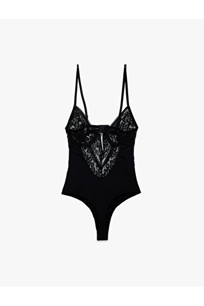 Koton V-Neck Thin Strap See-Through Lace Bodysuit