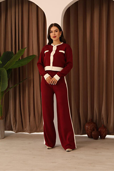 Nazline Women's Button Detailed Ornamental Pocket Knitwear Cardigan Pants 2-Piece Set