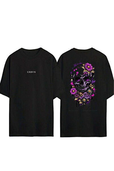 urbvn Skulls Flowers Design Printed Black Oversized t Shirt