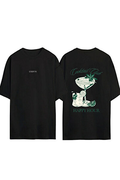 urbvn تي شيرت كوكتيل كلوب ديزاين مطبوع أسود قصة فضفاضة