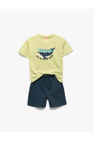 Koton Balina Baskılı Bisiklet Yaka Kısa Kollu Pamuklu Tişört ve Şort Seti