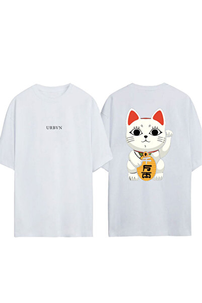 urbvn تي شيرت كوري بتصميم قطة مطبوع أبيض قصة فضفاضة