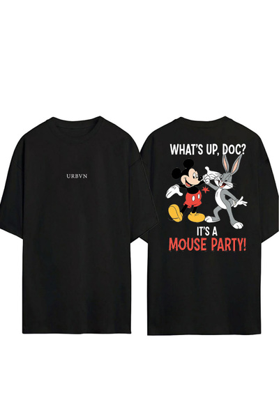 urbvn تي شيرت بتصميم ماوس بارتي مطبوع أسود قصة فضفاضة