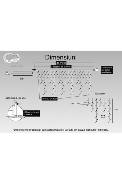 OEM Instalatie Craciun, 35 m, 1001 Led-uri ,Franjuri, Rosu / Verde/ Albastru, Flash, Transformator cu