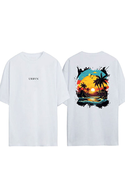 urbvn Tricou supradimensionat alb cu imprimeu Beach Design