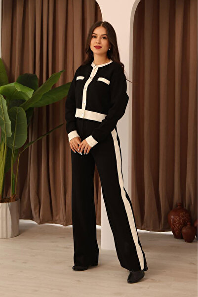 Nazline Women's Button Detailed Ornamental Pocket Knitwear Cardigan Pants 2-Piece Set