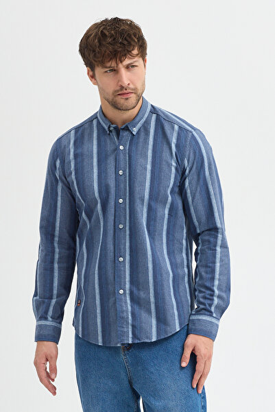 Cosplay Erkek Dikine Çizgili Button Down Yaka Melanj Kışlık Pamuk Gömlek