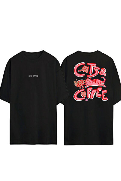 urbvn تي شيرت كاتس كوفي ديزاين مطبوع أسود قصة فضفاضة