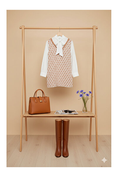 Namaste Vintage White Shirt with Tie Detail Geometric Pattern Knit Dress