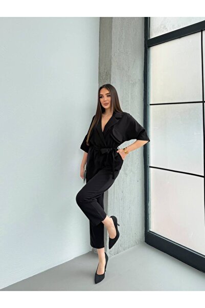 OLSAMODA Women's Shirt with Pocket Detail and Belted Shirt Collar Tulle Jumpsuit