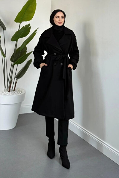 Tesettür Diyarı Palton din cașmir cu mâneci strânse și căptușeală Glaze - Neg...