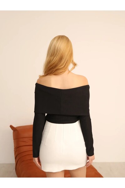 HARMONY GLOBAL Women's Buckled Madonna Shawl Collar Black Ottoman Blouse – Asymmetrical Cut, Women's Top with Brooch 387