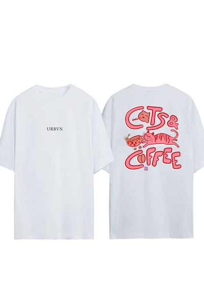 urbvn تي شيرت كاتس كوفي ديزاين مطبوع أبيض قصة فضفاضة