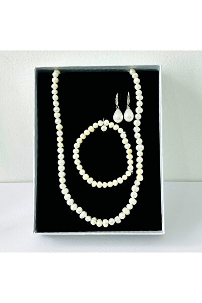velve Precious Pearls accessory set, necklace, earrings and bracelet made of cultured pearls, in gift box, White