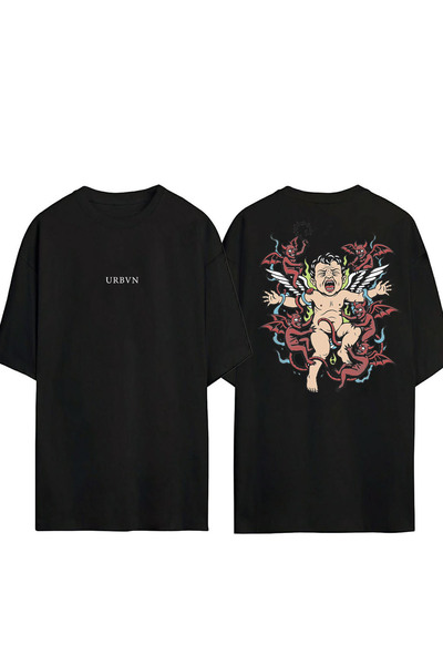 urbvn Angel N Devil 2 Design Printed Black Oversized t Shirt