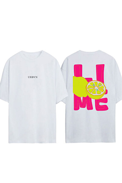urbvn Lime Design Printed White Oversized T-Shirt