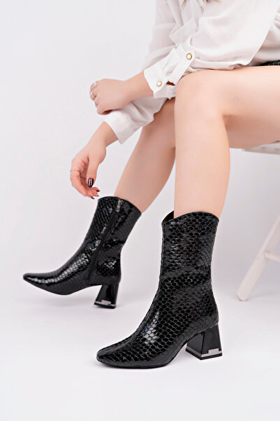 Women Lay-z Women's Black Snake Pattern Patent Leather Heeled Boots 6.5 cm Thick Heel Stylish and Modern Daily Design
